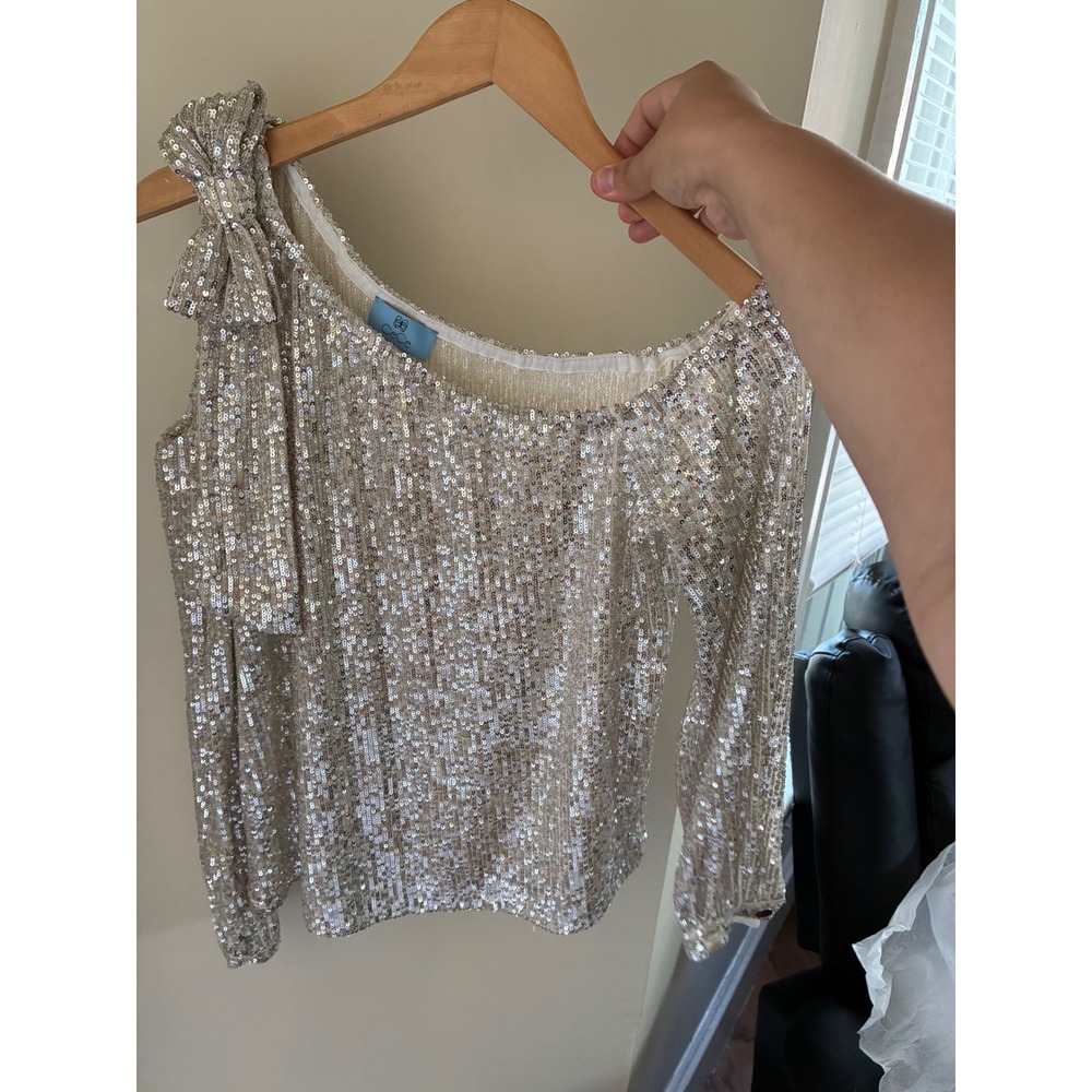 CeCe Women Sequin One Shoulder Bow Blouse Champagne Gold Long Sleeve Top